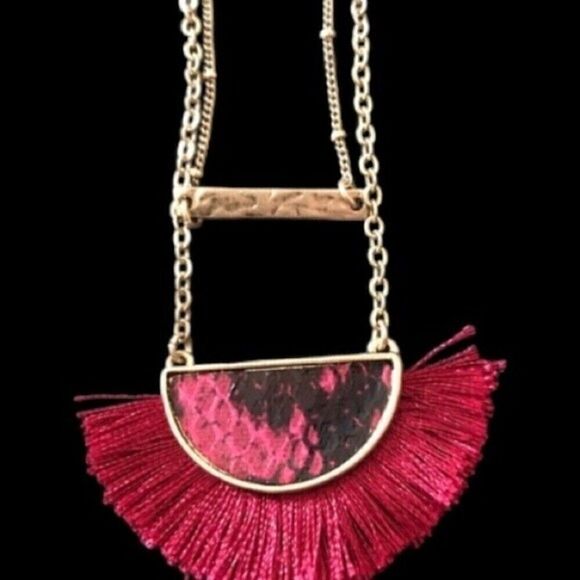 Gold Bar Layered Necklace with Snakeskin and Fringe - Picture 5 of 6